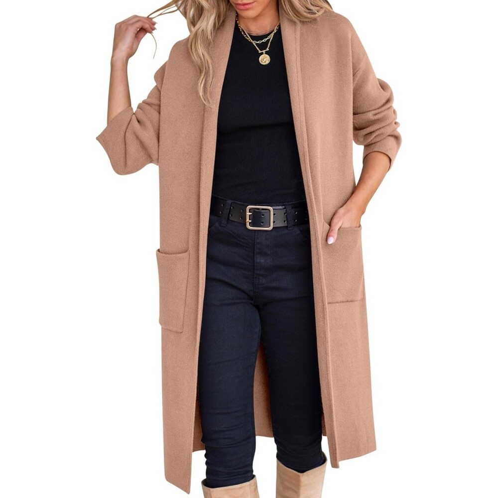 Women’s Oversized Long Sweater Coat Duster – Open Front Knit – Light Camel S M L